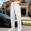 Pantaloni casual da uomo in lino bianco larghi con dettagli a pieghe sulle ginocchia - Taglia S / Pantaloni e gonne / Bianco
