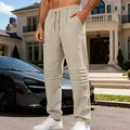 Pantaloni da uomo in lino beige traspirante casual dritti con pieghe sulle ginocchia - Taglia S / Pantaloni e gonne / Kaki