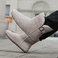 Warm sand suede winter snow boots with fur lining and side buckle detail. - Light Gray