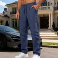 Pantaloni casual da uomo in lino blu navy traspiranti con design a pieghe sulle ginocchia - Blu navy