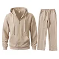 Men's stylish beige cable-knit jacquard tracksuit set with zip-up hoodie and matching pants - S / Top And Bottom / Off White