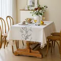 Elegant cream embroidered floral tablecloth with decorative tassels for dining room - Plum Blossom Snow Branch / 140*220cm / Gray
