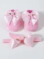 Elegant pink lace infant shoes and matching headband set with large satin bows - Size 11 (Inner Length 10.5CM) / Pink