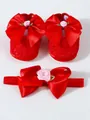 Red baby princess shoes and headband set with satin bows and pink rose details - Size 11 (Inner Length 10.5CM) / Red