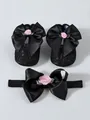 Adorable black baby girl dress shoes and matching headband set with large satin bows - Size 11 (Inner Length 10.5CM) / Black