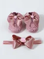 Pink baby shoes and headband set with lace fabric and large satin bows for infants. - Light Pink
