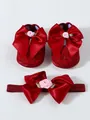 Red baby princess shoes and headband set with large satin bows and lace details for 0-1 year - Burgundy