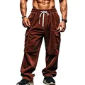 Close-up of brown corduroy cargo pants for men with large pockets and drawstring - S / Bottoms / Brown