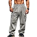 Full view of men's grey corduroy cargo pants with multiple pockets and drawstring - S / Bottoms / Light Gray