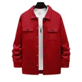 Detailed front view of a red heavyweight fleece-lined workwear jacket on a hanger. - S / Tops / Red