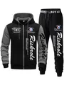 Detailweergave heren zwart trainingspak met capuchonvest en grijze contrastmouwen. - donkergrijs