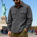 Detail of grey heavyweight fleece-lined men's workwear shirt jacket with flap pockets - S / Tops / Dark Gray