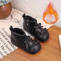 Stylish black toddler girls winter boots with decorative double bows and side zipper - Size 16 (Inner Length 11.7cm) / Black (Thin Fleece)