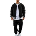 Men's black varsity jacket and cargo pants sports suit with white striped details - S / Top And Bottom / Black