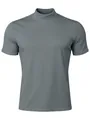 Close-up of men's grey slim-fit mock neck short-sleeve T-shirt in stretch fabric. - S / Tops / Gray