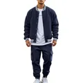 Men's navy blue fleece baseball jacket and cargo jogger pants casual tracksuit set - S / Top And Bottom / Navy Blue