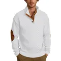 Stylish white men's cable knit sweater featuring a stand collar and brown elbow patches. - S / Tops / White