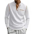 Witte heren Henley-shirt met lange mouwen, contraststiksels en een handige borstzak - S / Tops / Wit