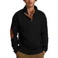Men's casual black cable-knit sweater with brown elbow patches and buttoned stand collar - S / Tops / Black