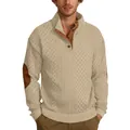 Men's stylish beige cable-knit sweater with stand collar and elbow patches - S / Tops / Khaki