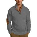 Men's grey jacquard knit sweater featuring stand collar and brown elbow patches - S / Tops / Dark Gray