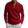 Detail van bordeauxrood poloshirt met lange mouwen voor heren, opstaande kraag en zak. - S / Tops / Rood