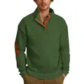 Men's green stand-collar knit sweater with brown elbow patches and jacquard texture - Army Green