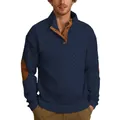Navy blue men's stand collar knit sweater with jacquard texture and elbow patches - Navy Blue