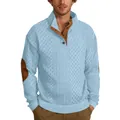 Light blue men's cable knit sweater featuring a stand collar and brown elbow patches - Sky Blue