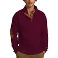 Burgundy men's casual cable-knit sweater with buttoned stand collar and elbow patches - Burgundy