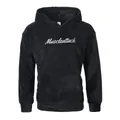 Vista frontale della felpa con cappuccio in pile nero con ricamo Muscleattack bianco - Taglia S / Top / Nero