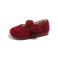 Red felt girl's Mary Jane shoes with large bow and warm fleece lining for winter - Size 21 Inner Length 13.5CM / French Felt Bow Cotton Shoes (XXJ-Q90) / Burgundy
