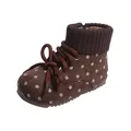 Retro brown polka dot suede winter boots for girls with warm knit cuffs and lining - Size 21 (Inner Length 13.7cm) / Coffee