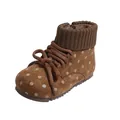 Retro brown polka dot girls' ankle boots with knitted collar and warm fleece lining - Size 21 (Inner Length 13.7cm) / Camel