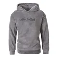 Dettaglio di una morbida felpa con cappuccio in pile grigio con ricamo nero - Taglia S / Top / Grigio
