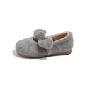 Elegant grey felt Mary Jane shoes for girls featuring a plush bow and warm fleece lining - Size 21 Inner Length 13.5CM / French Felt Bow Cotton Shoes (XXJ-Q90) / Gray