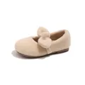 Warm beige furry Mary Jane shoes for girls with large decorative plush bow - Size 21 Inner Length 13.5CM / French Felt Bow Cotton Shoes (XXJ-Q90) / Apricot