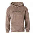 Dettaglio di felpa con cappuccio in peluche marrone con ricamo nero Muscleattack sul petto. - Taglia S / Top / Kaki