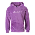 Dettaglio di una felpa con cappuccio in pile viola con ricamo Muscleattack bianco - Taglia S / Top / Viola