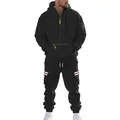 Black heavyweight fleece tracksuit set for men with cargo pockets and neon zippers - M / Top And Bottom / Black