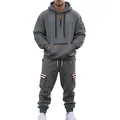 Full-body view of men's grey heavy fleece tracksuit featuring cargo pockets and stripes - Dark Gray