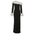 Elegant black bodycon maxi dress with white faux fur collar and cuffs for winter - S / Black