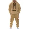 Heavy fleece khaki men's tracksuit set with striped cargo pockets and half zip hoodie - M / Top And Bottom / Camel