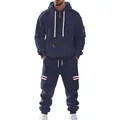 Men's heavy navy blue fleece tracksuit with striped cargo pockets and hood - M / Top And Bottom / Navy Blue