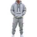 Men's heavy fleece tracksuit set with striped cargo pockets in grey, American style - M / Top And Bottom / Light Gray