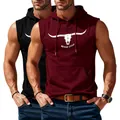 Men's sleeveless fitness hoodie with bull skull and Never Stop graphic print design - S / Tops / Wine Red And Black
