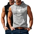 Sleeveless men's fitness hoodie featuring bull head print and slogan in grey color - S / Tops / Light Gray And Black