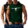 Men's athletic dark green sleeveless hooded tank top with bull skull and slogan print - Army Green And Black