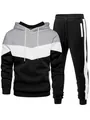 Men's three-color patchwork tracksuit set with hoodie and striped sweatpants. - Gray White Black