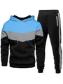 Detailed view of men's tri-color hooded tracksuit set in blue, grey and black colors - Blue Gray Black